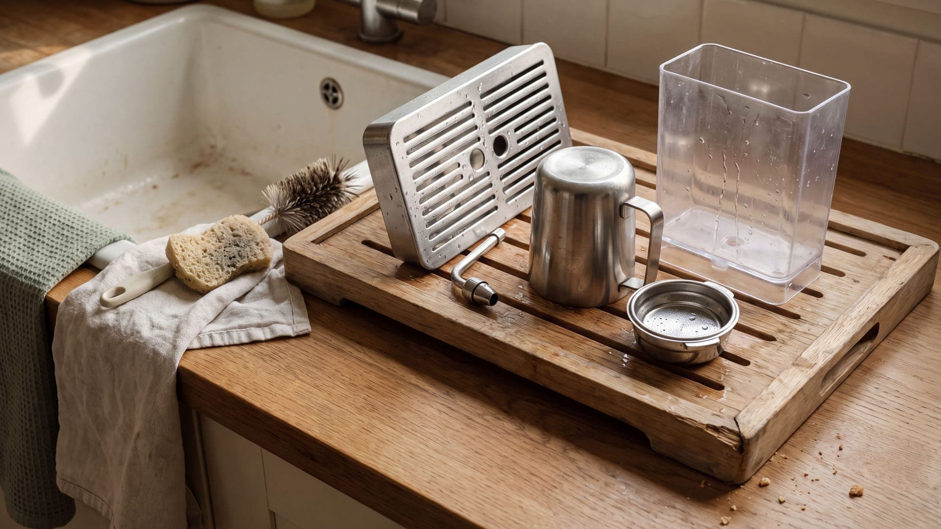 A drip tray, milk jug, filter basket and water tank drying on a rack by the sink after cleaning