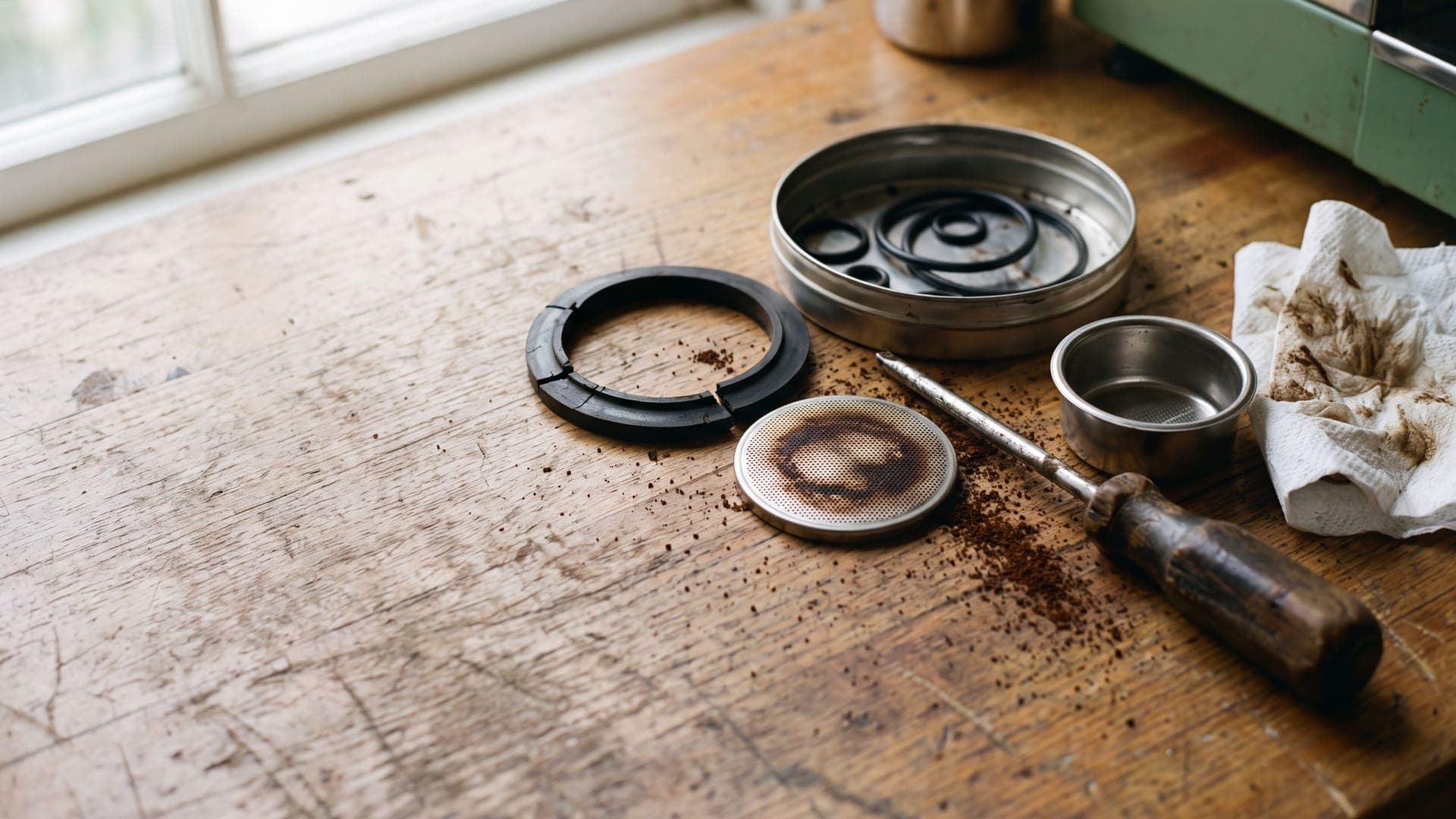 A worn, cracked group-head gasket, a stained shower screen, spare O-rings and a screwdriver on a workbench