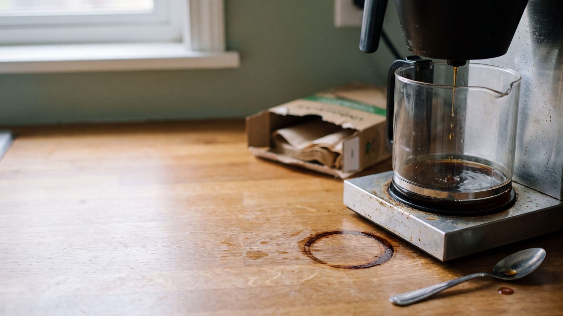 A thin trickle of coffee falling into a nearly empty glass carafe on a drip coffee maker's warming plate