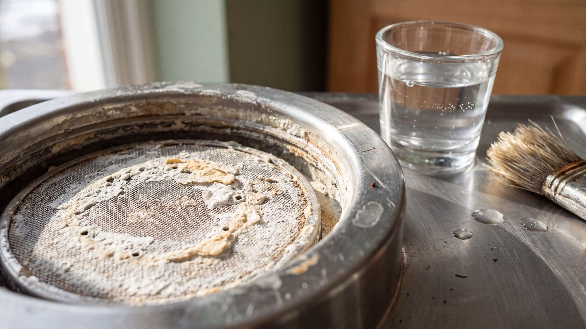Close-up of limescale crusted on a stainless steel shower screen, with a glass of descaling solution and a brush