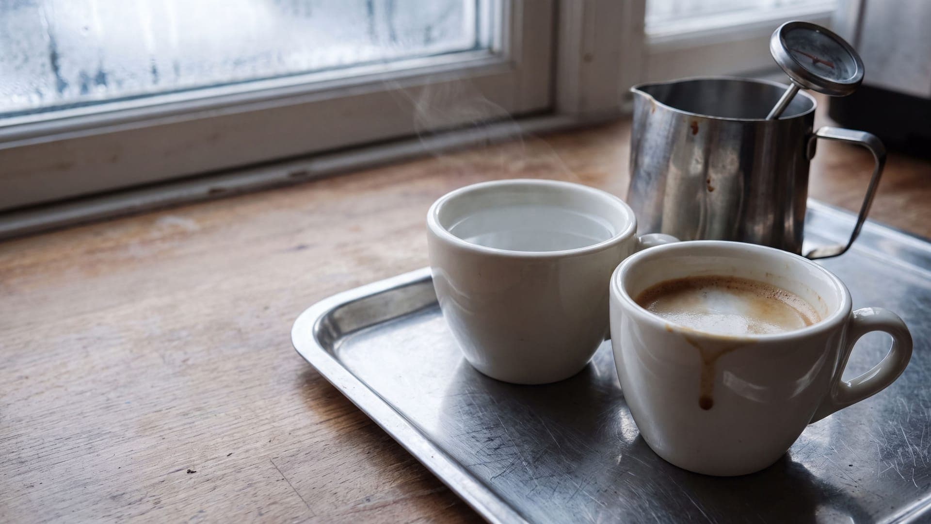 A cup of espresso next to a cup being pre-warmed with hot water, with a milk jug and thermometer by a cold window