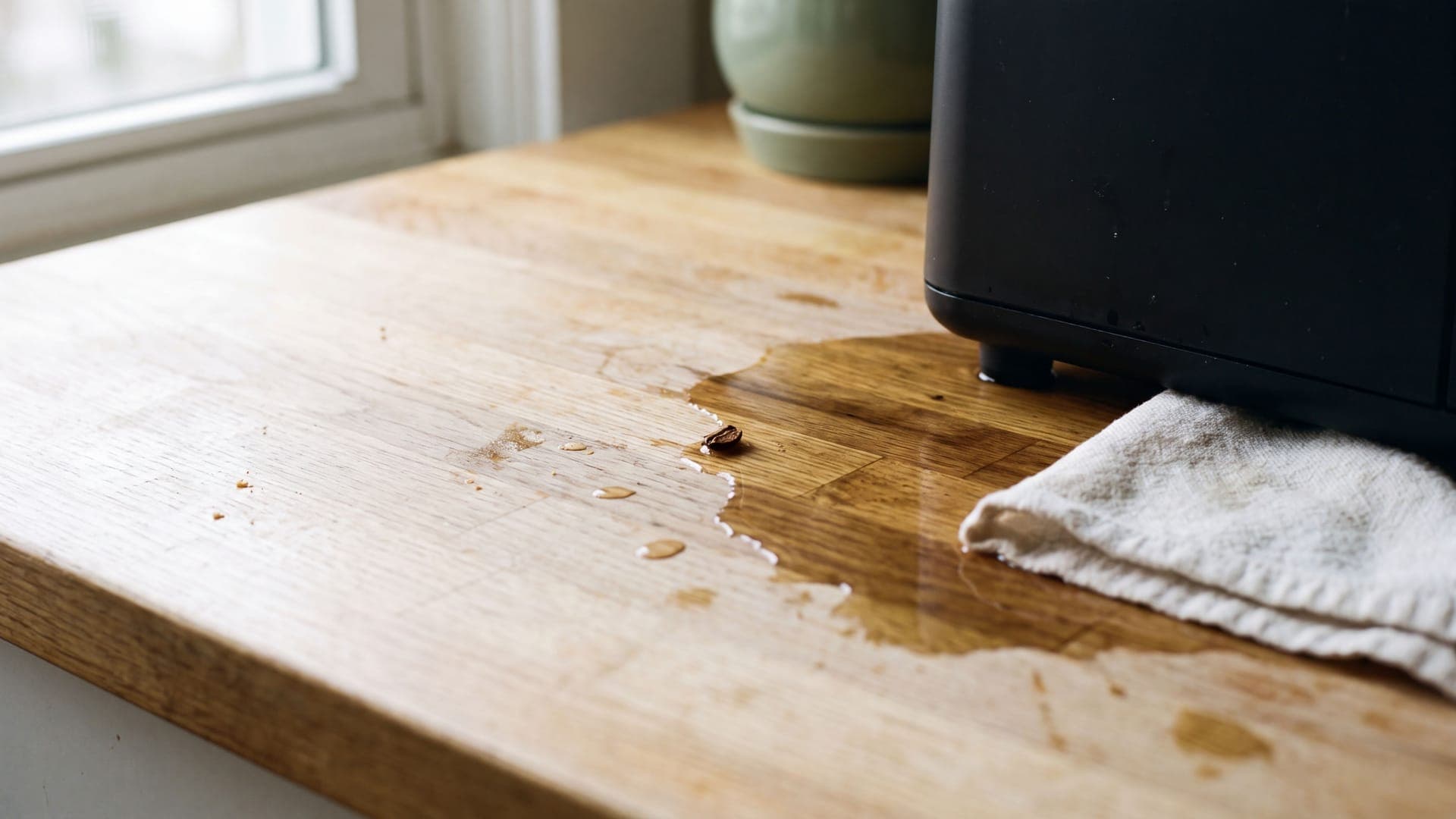 A puddle of water spreading across a wooden counter from under the base of a coffee machine, with a tea towel soaking it up